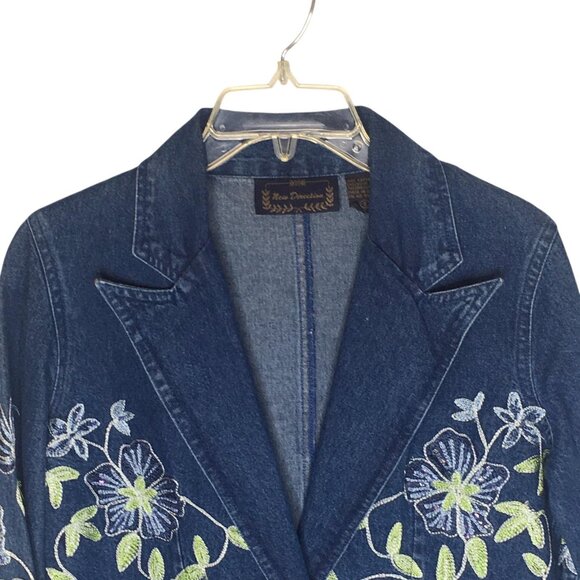 New Direction Denim Blazer Womens Small Blue Floral Embroidered Jacket Boho - Picture 6 of 13